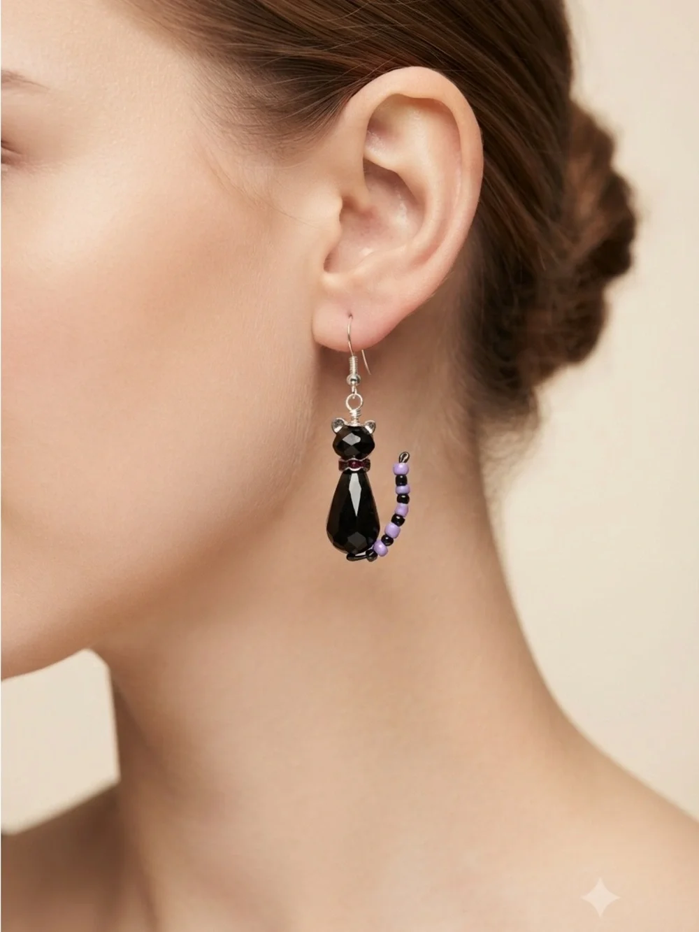 Handmade Black Cat Dangle Earrings | Beaded Halloween Cat Earrings